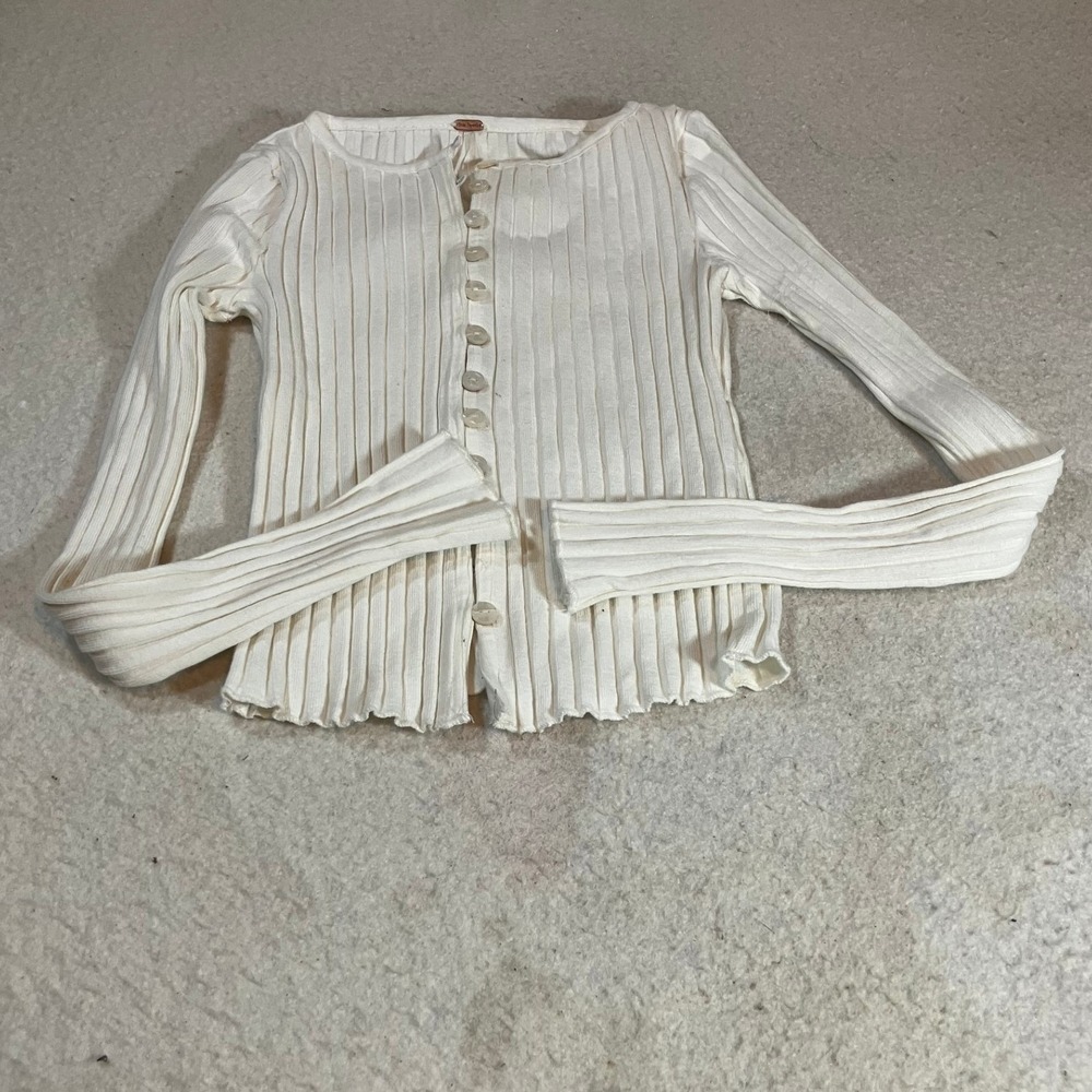 Free People Ivory Ribbed Knit Button Front Cardigan Flare Cuff Lettuce Hem XS